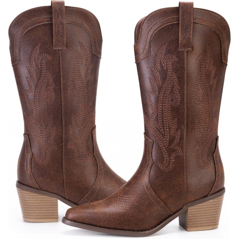 Women's Vintage Brown Pointed Toe Western Boots Embroidered Mid-calf Block Heel - Picture 5 of 7